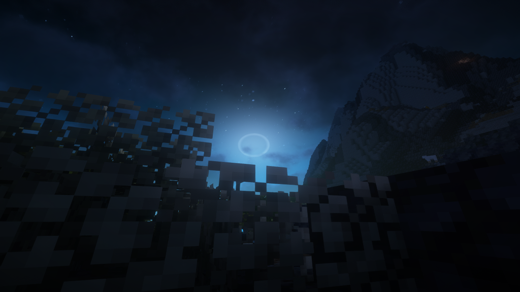 Dark Minecraft night scene with mountains and sky