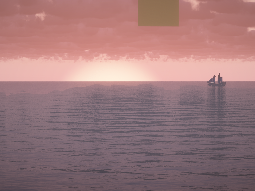 Minecraft ocean sunset scene with a distant ship